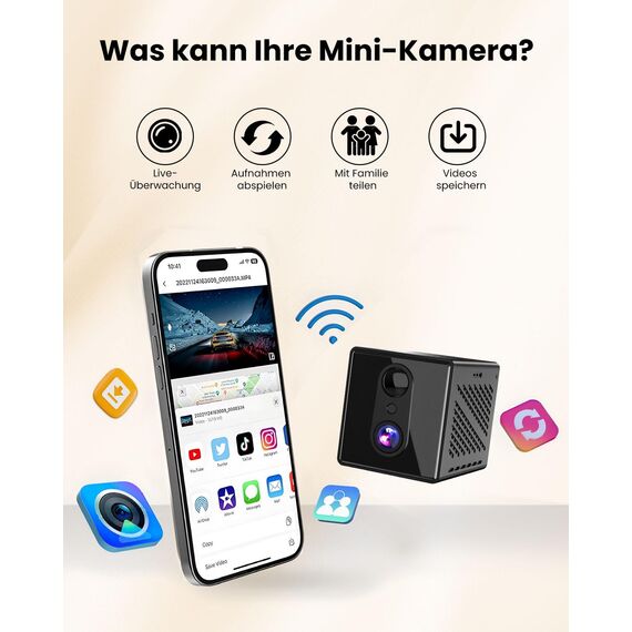 aidowocam Mini Kamera 4K Überwachungskamera mit 64G SD WLAN WiFi Camera Live Übertragung Handy APP Für Lange Standby Akku Kamera,Bewegungsmelder Nachtsicht