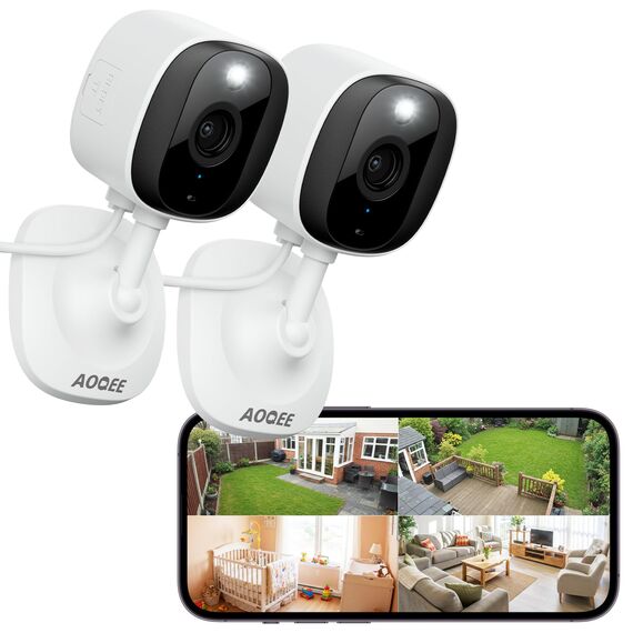 AOQEE 2K Überwachungskamera Aussen/Innen - Kamera Überwachung Aussen, WLAN Camera Indoor/Outdoor, Hundekamera, Babyphone mit App IP65 Wasserdicht, Farbnachtsicht, SD/Cloud-Speicher, C1 2er Set