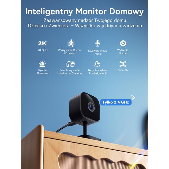 Outinput 2K Plug-in Überwachungskamera Innen, WLAN Indoor Kamera mit Nachtsicht, Hundekamera mit App, Bewegung&Geräusch-Erkennung, 2-Wege-Audio, Sirene, SD&Cloud-Speicher, für Baby&Haustiere, Schwarz