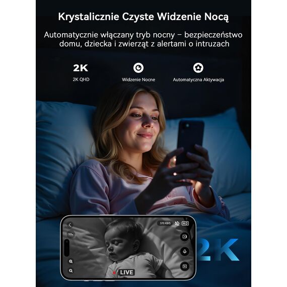 Outinput 2K Plug-in Überwachungskamera Innen, WLAN Indoor Kamera mit Nachtsicht, Hundekamera mit App, Bewegung&Geräusch-Erkennung, 2-Wege-Audio, Sirene, SD&Cloud-Speicher, für Baby&Haustiere, Schwarz