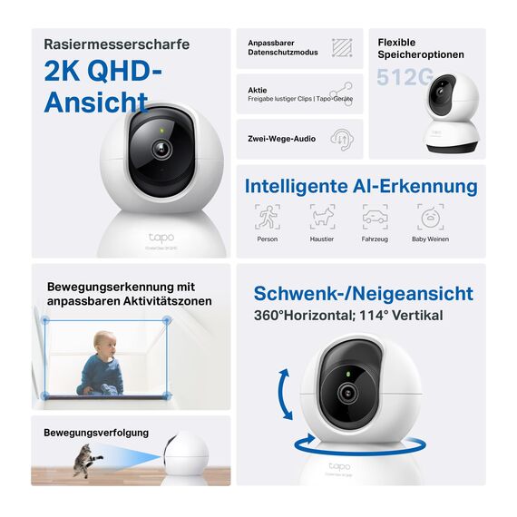 Tapo TP-Link C220 360°-WLAN-Überwachungskamera für den Innenbereich, 2K 4MP, IR Nachtsicht, Bewegungserkennung, Zwei-Wege-Audio, kompatibel mit Alexa und Google Assistant, für Babys/Haustiere