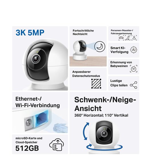 Tapo C232 360° KI-WLAN-Überwachungskamera, Ethernet/WLAN, 3K 5MP, Bewegungsverfolgung, Nachtsicht, Zwei-Wege-Audio, kompatibel mit Alexa und Google Assistant, MicroSD-Karte Bis zu 512 GB
