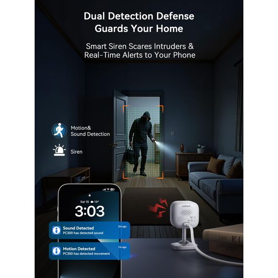 Outinput 2K Plug-in Mini Überwachungskamera Innen, WLAN Indoor Kamera mit IR-Nachtsicht, Hundekamera mit App, Bewegung&Geräusch-Erkennung, 2-Wege-Audio, Sirene, SD&Cloud-Speicher, für Baby&Haustiere