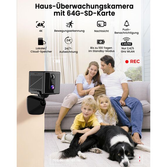 aidowocam Mini Kamera 4K Überwachungskamera mit 64G SD WLAN WiFi Camera Live Übertragung Handy APP Für Lange Standby Akku Kamera,Bewegungsmelder Nachtsicht