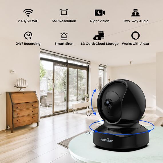 wansview 3K 5MP Babyphone mit Kamera-2.4G/5Ghz WLAN Überwachungskamera innen, WLAN Kamera Indoor mit Verfolgung, Hundekamera mit AI Bewegungserkennung, Zwei-Wege-Audio, kompatibel mit Alexa（Schwarz）