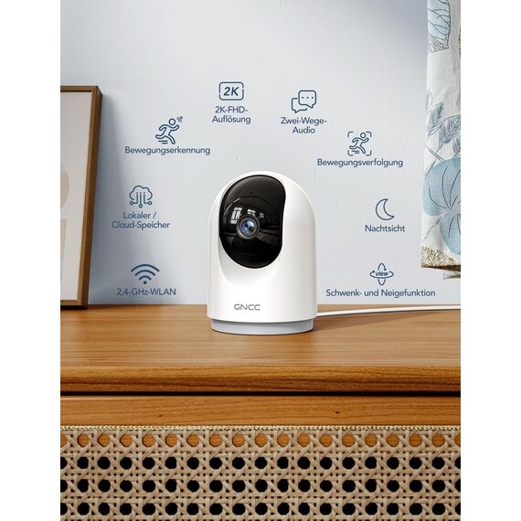 GNCC Überwachungskamera Innen - 2K Kamera Überwachung Innen, 360° WLANkamera Indoor Hundekamera mit APP, Babyphone mit Kamera, Zwei-Wege-Audio, Bewegungserkennung, Nachtsicht, kompatibel mit Alexa