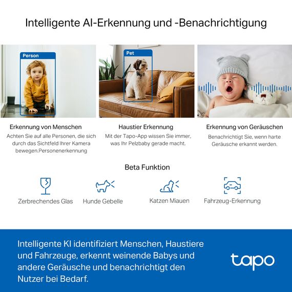 Tapo TP-Link C220 360°-WLAN-Überwachungskamera für den Innenbereich, 2K 4MP, IR Nachtsicht, Bewegungserkennung, Zwei-Wege-Audio, kompatibel mit Alexa und Google Assistant, für Babys/Haustiere