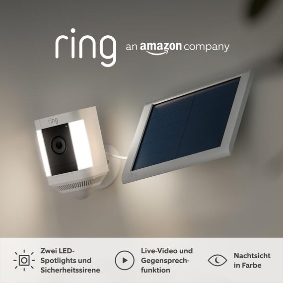 Ring Spotlight Cam Plus Solar | 1080p-HD-Video, Gegensprechfunktion, Nachtsicht in Farbe, LED-Spotlights, Sirene, Selbstinstallation | 2 Kameras