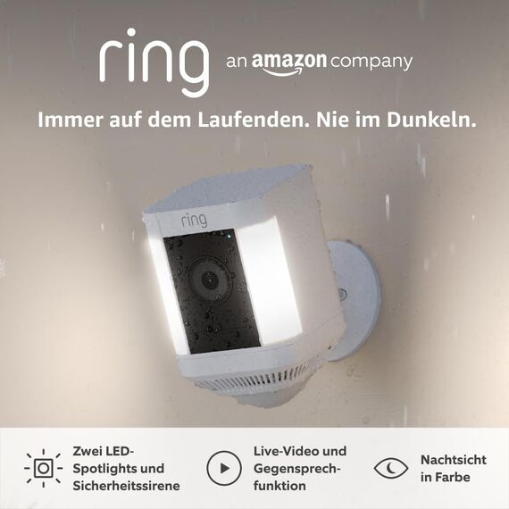Ring Spotlight Kamera Plus Akku (Spotlight Cam Plus) | Überwachungskamera aussen mit WLAN, HD-Video, LED-Strahler, Nachtsicht, Bewegungserfassung & Sirene | Alexa-kompatible Sicherheitskamera
