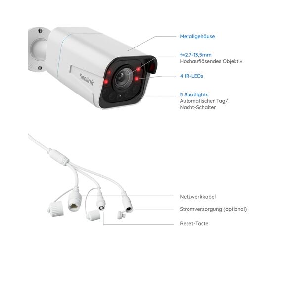 Reolink 4K Smarte PoE IP Kamera Outdoor mit Personen-/Autoerkennung, 5X optischer Zoom Überwachungskamera Aussen, Spotlight, Farbige Nachtsicht, Zwei-Wege-Audio, microSD Kartensteckplatz, RLC-811A