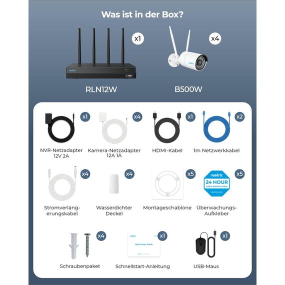 Reolink 5MP WLAN Überwachungskamera Set Aussen, 5GHz/2,4GHz Wi-Fi, 12CH NVR mit 1TB HDD, Erweiterbar auf 8TB, Vollmetallmaterial, KI Erkennung, 30m Nachtsicht, 24/7 Aufzeichnung, RLK12-500WB4