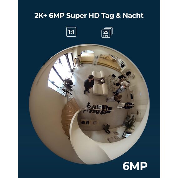 Reolink 6MP WLAN Überwachungskamera Innen, 360° Blick Panorama Fisheye Kamera mit 2,4/5 GHz WLAN, Personenerkennung, 2 Wege Audio, Decken-/Wand-/Tisch-Installation, Mehrere Display-Ansichten, FE-W