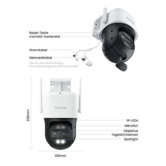 Reolink 4K 8MP Wi-Fi 6 PTZ Überwachungskamera Aussen mit Dual-Objektiv, Auto-Tracking-Zoom, WLAN Kamera Outdoor mit 3 Smart-Erkennungsmodi, 30m Farbnachtsicht, Außenkamera, Dual-Ansicht, TrackMix WiFi