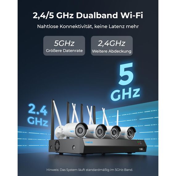 Reolink 5MP WLAN Überwachungskamera Set Aussen, 5GHz/2,4GHz Wi-Fi, 12CH NVR mit 1TB HDD, Erweiterbar auf 8TB, Vollmetallmaterial, KI Erkennung, 30m Nachtsicht, 24/7 Aufzeichnung, RLK12-500WB4
