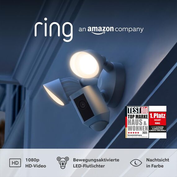 Ring Flutlichtkamera Plus Kabel (Floodlight Cam Wired Plus) | Überwachungskamera aussen mit WLAN, HD-Video, LED-Flutlicht, Nachtsicht, Bewegungserfassung & Sirene, funktioniert mit Alexa | 2 Kameras