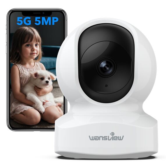 wansview 5MP Babyphone mit Kamera-3K Überwachungskamera innen, 5G/2.4Ghz WLAN IP Kamera, schwenkbare Haustier Kamera, Datenschutzbereich, Zwei-Wege-Audio, Kompatibel mit Alexa（Weiß）
