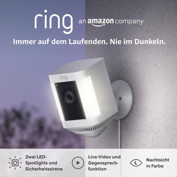 Ring Spotlight Kamera Plus Netzstecker (Spotlight Cam Plus) | Überwachungskamera aussen mit WLAN, HD-Video, LED-Strahler, Nachtsicht, Bewegungserfassung & Sirene | Alexa-kompatibel