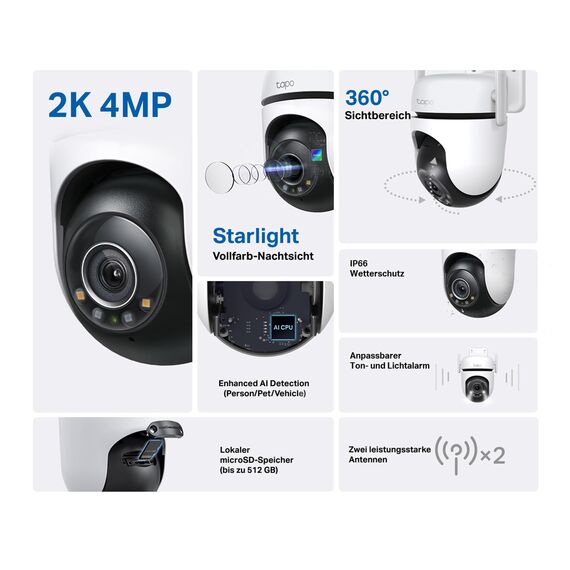 Tapo TP-Link C520WS Überwachungskamera Außen, Starlight Farbe Nachtsicht,360° Kamera aussen, 2K 4MP, 2 leistungsstarke Antennen,IP66 wetterfest, Sicherer lokaler&Cloud-Speicher, AI-Erkennung, APP