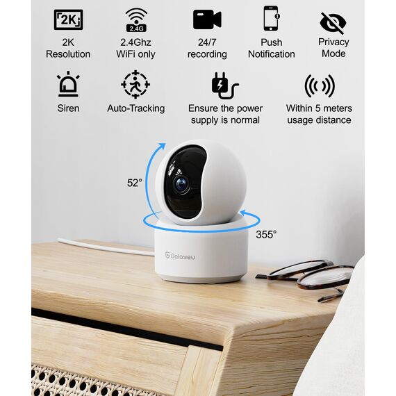 GALAYOU 2K Überwachungskamera innen, Babyphone mit Kamera Überwachung innen, Hundekamera/Haustierkamera mit app, WLAN Kamera Indoor, Zwei-Wege-Audio, funktioniert mit Alexa&Google Home G2-2P