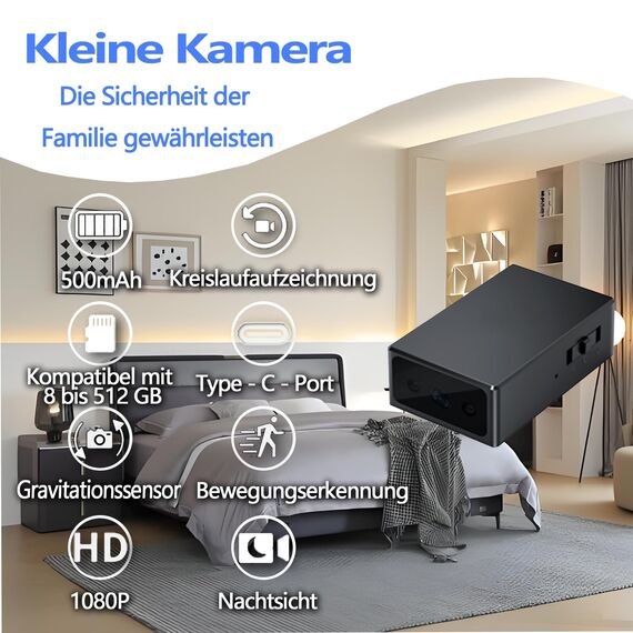 Mini-Surveillance-Kamera im kleinen Format - Innen- und Außenüberwachungskamera - High Definition (HD) 1080p - ohne WLAN - kompatibel mit 512 GB - Bewegungserkennung - Nachtsicht - Gravitationssensor