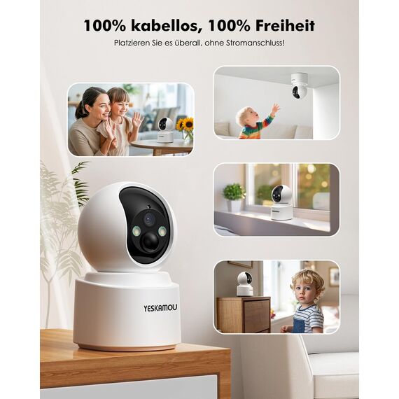 YESKAMOU 2,5K 4MP Überwachungskamera Innen Akku, 360° WLAN innenkamera mit akku, 2,4/5 GHz WiFi, 360° Kamera Indoor, Farb-Nachtsicht, Bewegungserkennung, Zwei-Wege-Audio, für Baby/Haustiere/Zuhause