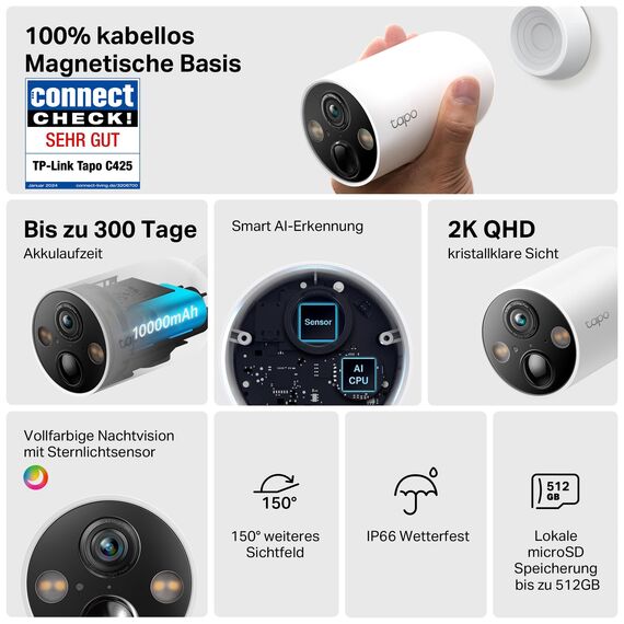 Tapo C425 Außenkamera Akku, 4-Pack | Überwachungskamera aussen mit Magnetische Basis, 2K Auflösung, WLAN, 10000-mAh-Akku, 150° FOV, Kein Hub erforderlich, Unterstützt Solarpanel, Alexa-kompatible