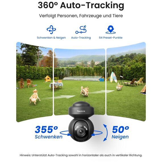 Reolink 5MP PTZ Überwachungskamera Aussen WLAN, 3X Optischer Zoom, 2,4/5GHz WLAN Kamera Outdoor mit Automatischer Verfolgung, Personen-/Fahrzeugerkennung, Vollfarb-Nachtsicht, E1 Outdoor Schwarz