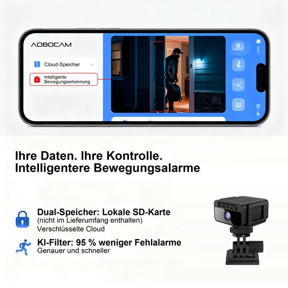 AOBOCAM Mini Kamera, WLAN 4K mit Cloud-Speicher - 150° Weitwinkel HD Überwachungskamera Innen- Drahtlose Sicherheitskamera mit Intelligente Bewegungserkennung/Nachtsicht/Energieeffiziente Akku