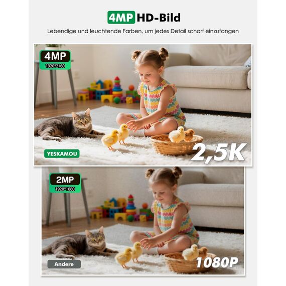 YESKAMOU 2,5K 4MP Überwachungskamera Innen Akku, 360° WLAN innenkamera mit akku, 2,4/5 GHz WiFi, 360° Kamera Indoor, Farb-Nachtsicht, Bewegungserkennung, Zwei-Wege-Audio, für Baby/Haustiere/Zuhause