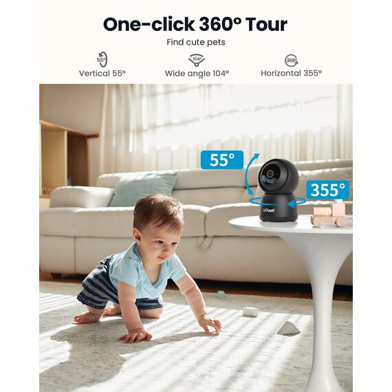 ieGeek Überwachungskamera Innen, 2K Kamera Überwachung Innen, 360° WLAN Kamera Indoor, Zwei-Wege-Audio, 15M Nachtsicht, PIR Bewegungserkennung, Auto Tracking, Alexa