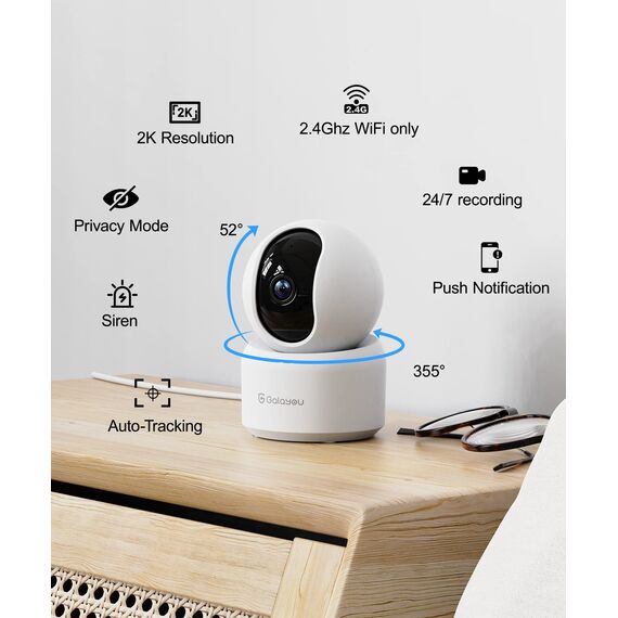 GALAYOU 2K Überwachungskamera innen, WLAN IP Kamera überwachung Indoor WiFi Camera,360°Hundekamera,Automatische Verfolgung,Zwei-Wege-Audio, Babyphone mit Kamera,funktioniert mit Alexa G2