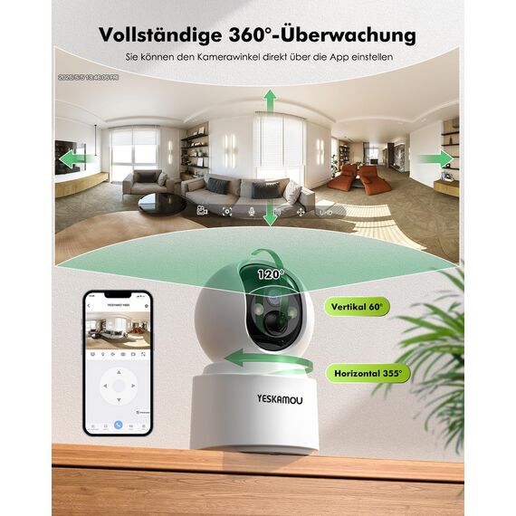 YESKAMOU 2,5K 4MP Überwachungskamera Innen Akku, 360° WLAN innenkamera mit akku, 2,4/5 GHz WiFi, 360° Kamera Indoor, Farb-Nachtsicht, Bewegungserkennung, Zwei-Wege-Audio, für Baby/Haustiere/Zuhause