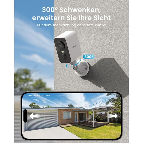 ieGeek 2K Überwachungskamera Aussen Akku mit Magnetische Montage, WLAN Kabellose Überwachungskamera Aussen außen/innen, 300° Horizontaler PTZ, Farbige Nachtsicht，2,4 GHz, 2-Wege Audio