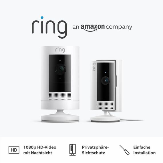 Ring Außenkamera Akku (Stick Up Cam) + Ring Innenkamera (Indoor Camera 2. Gen.) | Überwachungskamera mit 1080p-HD-Video, WLAN, witterungsbeständig, geeignet für Haus & Grundstück, Alexa-kompatibel