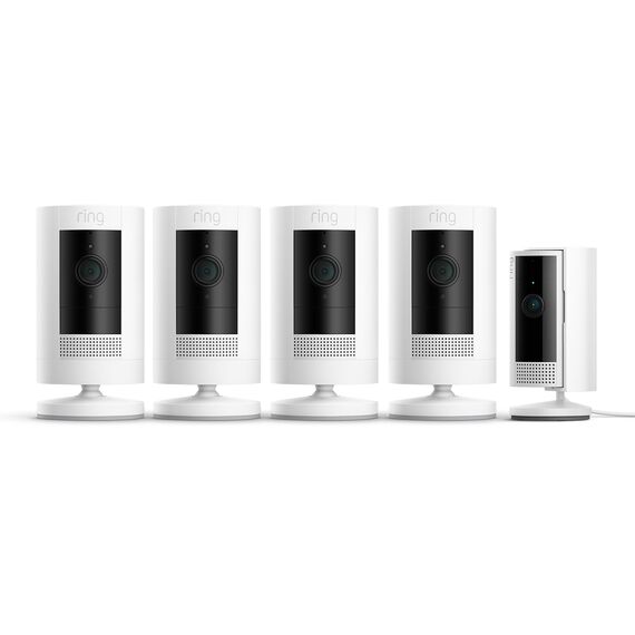 Ring Außenkamera Akku 4er-Set (Stick Up Cam) + Ring Innenkamera (Indoor Camera 2. Gen.) | Überwachungskamera 1080p-HD-Video, WLAN, witterungsbeständig, geeignet für Haus & Grundstück, Alexa-kompatibel