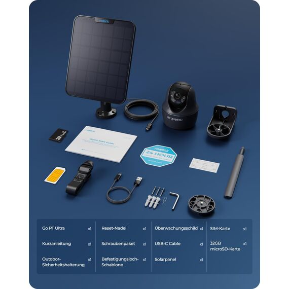 Reolink 4K 4G LTE Überwachungskamera Aussen mit SIM Karte Ohne WLAN, 355°&140° PTZ Solar Kamera Outdoor mit 8MP Farbnachtsicht, 32GB microSD-Karte, Go PT Ultra (Grau) +Solarpanel
