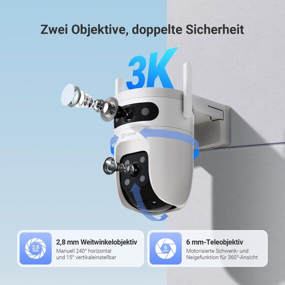 EZVIZ 5MP+5MP Überwachungskamera Aussen mit Dual-Lens, 2,4&5GHz WLAN, 360° PTZ Überwachung Outdoor, KI Personen/Fahrzeugerkennung, Auto-Tracking, Farbnachtsicht, Wetterfest, 2-Wege-Audio, C9c Dual 3K