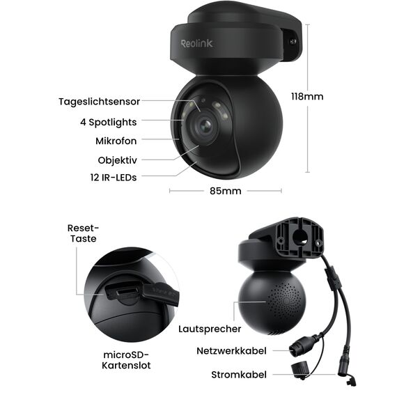 Reolink 4K PTZ Überwachungskamera Aussen WLAN, 3X Optischer Zoom, Auto-Tracking, 2,4/5GHz Wi-Fi 6, Person/Auto/Tiererkennung, Spotlights, 2-Wege-Audio, E1 Outdoor Pro (Schwarz)