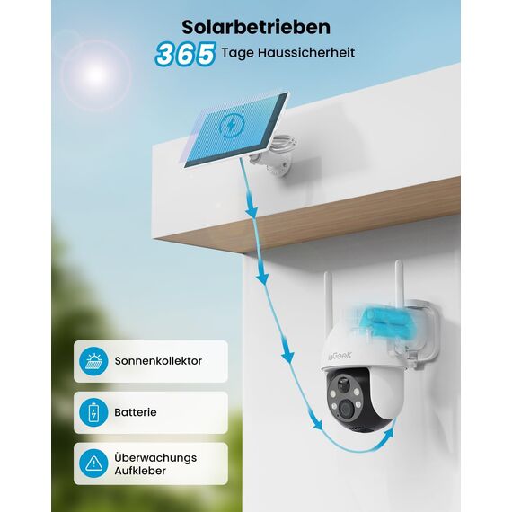 ieGeek 2K 3MP Überwachungskamera Aussen Solar, 360° PTZ Kamera Aussen Akku, 2.4GHz Kabellos Überwachungskamera mit PIR Bewegungsmelder,Farb-Nachtsicht, 2-Wege-Audio, IP65