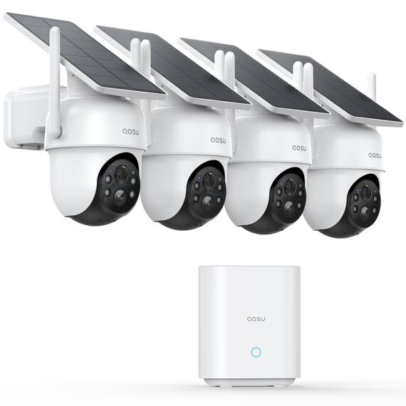 AOSU 2K Überwachungskamera Aussen Solar Akku, 4 Cam-Kit & aosuBase, Ohne Abonnement, 360° Panorama Kabellose Kamera, 32GB Lokaler Speicher, Auto-Tracking, Farb-Nachtsicht, 2 Wege Audio, 5G & 2.4G WLAN