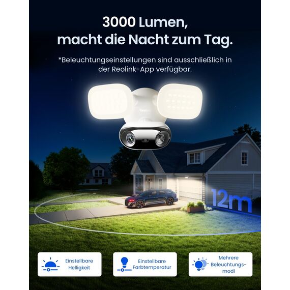 Reolink Elite Floodlight WiFi, 4K Wi-Fi 6 Überwachungskamera Aussen mit 3000 Lumen Flutlicht, Dimmbares Licht(3000K~6500K), WLAN Kamera Outdoor, Lokale KI-Videosuche, 180° Panoramablick, KI-Erkennung