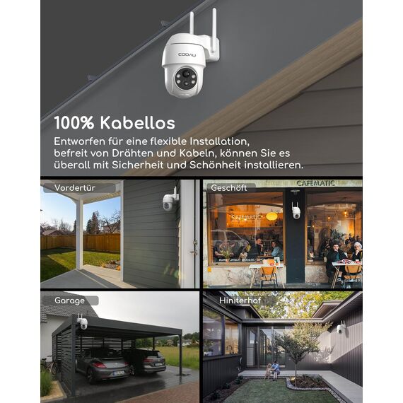 COOAU 2K Überwachungskamera Aussen Akku, 355°/90° Schwenkbar, Kabellose WLAN IP Kamera Outdoor mit Nachtsicht in Farbe, Personen-/Bewegungserkennung, IP66 Wasserdicht, Cloud-Speicher