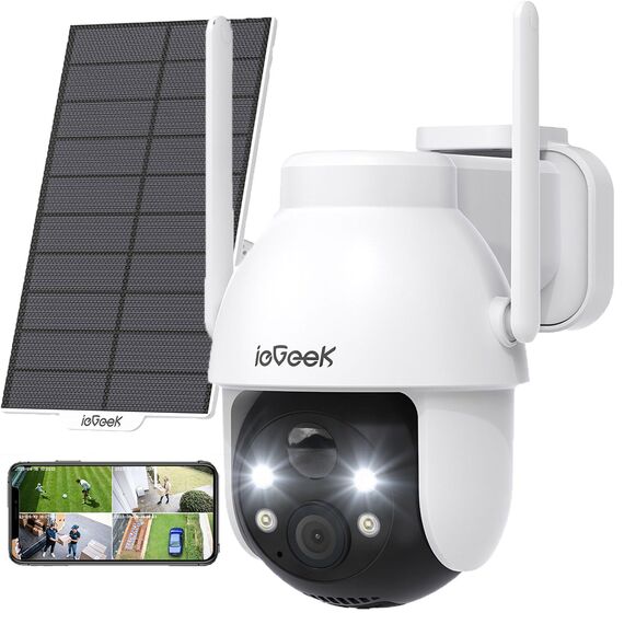 ieGeek 2K 3MP Überwachungskamera Aussen Solar, 360° PTZ Kamera Aussen Akku, 2.4GHz Kabellos Überwachungskamera mit PIR Bewegungsmelder,Farb-Nachtsicht, 2-Wege-Audio, IP65