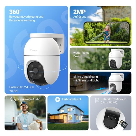 EZVIZ 2MP Überwachungskamera Aussen, WLAN IP Kamera mit 360° Abdeckung und Zwei-Wege-Audio, Personenerkennung mit Smart Tracking, Aktive Verteidigung mit Ton und Licht, wasserdicht, C8c 2 Pack