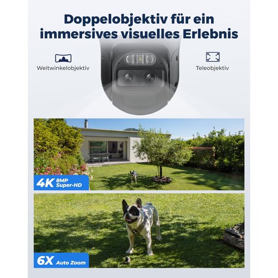 Reolink 4K PTZ Überwachungskamera Aussen Akku mit Auto-Tracking & Auto-Zoom, Dual Lens, 8MP Solar WLAN Kamera Outdoor, 2,4/5GHz WiFi, 30m Farbnachtsicht, KI-Erkennung, 360° View, TrackMix+Solarpanel