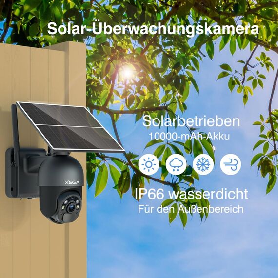 Xega 3G/4G LTE Überwachungskamera Aussen mit SIM Karte Kabellos Solar PTZ IP Kamera Outdoor mit 2K Farb-Nachtsicht 355°/95° Schwenkbar TF-Kartenslot PIR Erkennung 2-Wege-Audio IP66 Wasserdicht