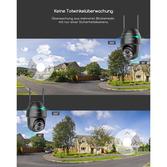 COOAU 5MP Überwachungskamera Aussen Akku, Kabellos WLAN IP Kamera Outdoor mit Intelligente PIR-Personenerkennung, Nachtsicht in Farbe, Audio- und Lichtalarm, H.265-Videokomprimierung, Schwarz