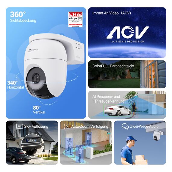 EZVIZ 4MP PTZ Überwachungskamera Aussen Akku, Kabellose WLAN-Außenkamera, 360° Überwachung, Farbnachtsicht, KI Personen- und Fahrzeugerkennung, 2-Wege-Audio, CB8 Lite mit 5W Solarpanel
