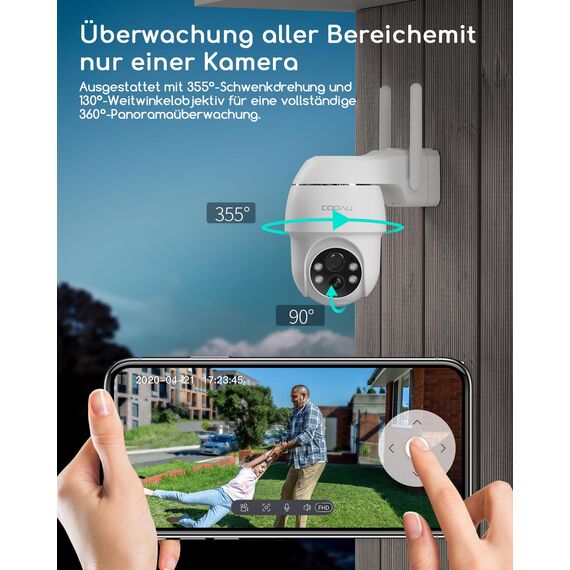 COOAU 2K Überwachungskamera Aussen Akku, 355°/90° Schwenkbar, Kabellose WLAN IP Kamera Outdoor mit Nachtsicht in Farbe, Personen-/Bewegungserkennung, IP66 Wasserdicht, Cloud-Speicher