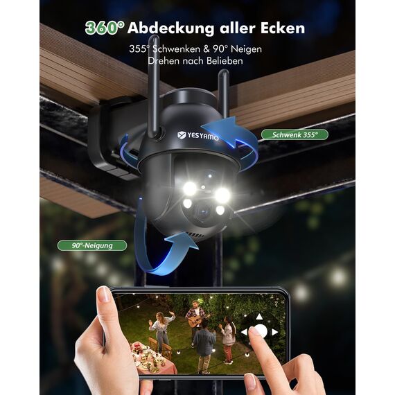 YESYAMO 2K Überwachungskamera Aussen Akku, 355°/90° Pan Tilt WLAN Kamera mit Farbnachtsicht, solar Kamera Überwachung außen, PIR Bewegungsmelder, IP66, Cloud/SD Storage, 2-Wege-Audio, 2,4 GHz WLAN